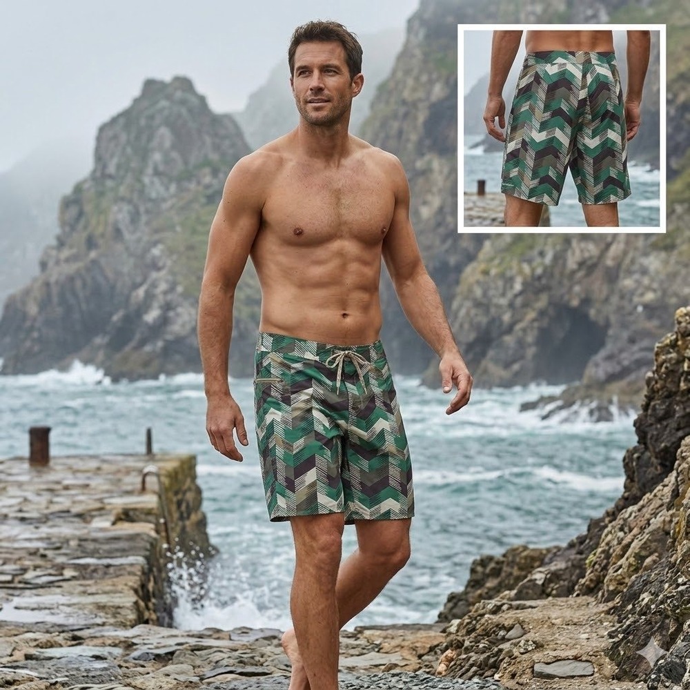 Patagonia Mens Geometric Chevron Board Shorts Green Grey Size 35 Swim Trunks